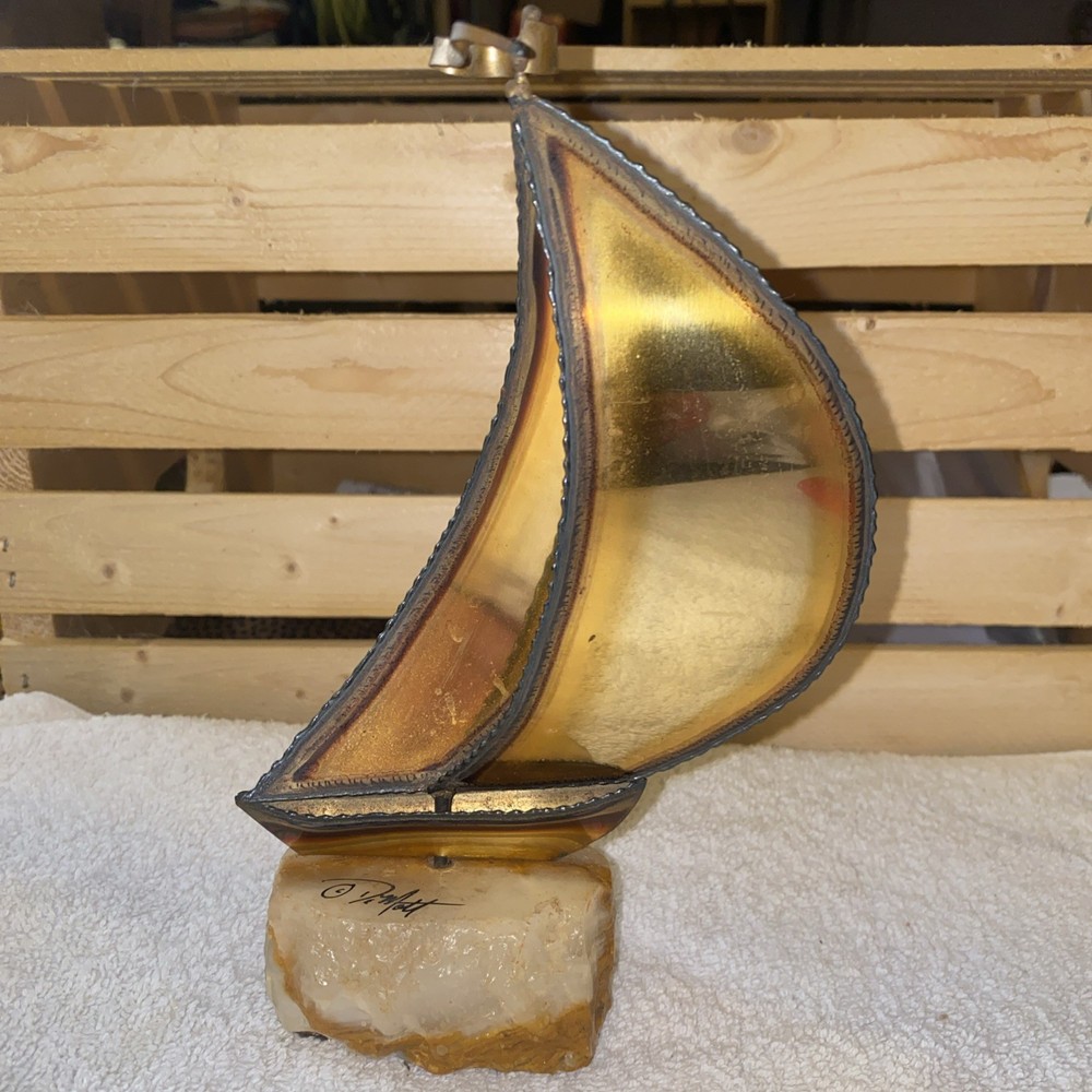 John Demott Brass Sail Boat Figurine Metal Sculpture Signed Onyx Rock Base (h)