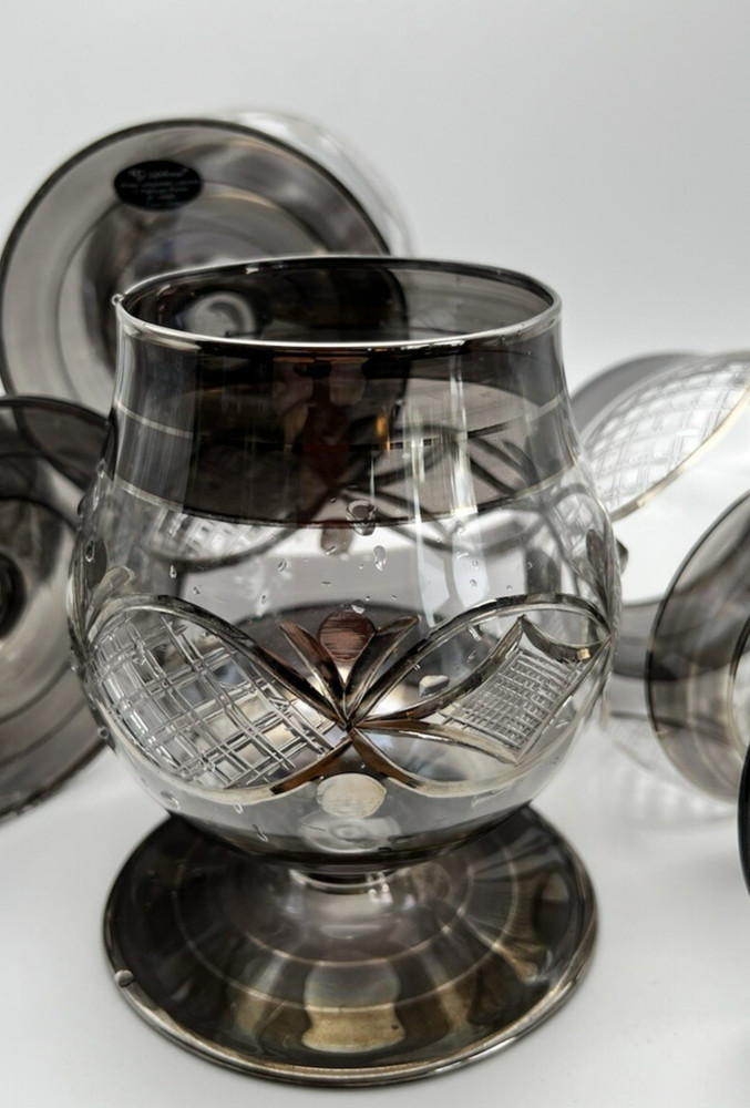 Hand Blown Egyptian Art Glass Brandy Snifters Platinum Etched Set of 4