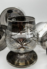 Hand Blown Egyptian Art Glass Brandy Snifters Platinum Etched Set of 4