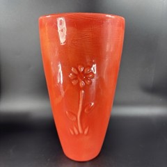 Antique Tall Pottery Vase Embossed Flower USA Hand Made Vase Vessel Orange Red