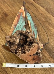 Copper Metal Green Sailboat Art Figurine Sculpture Wood Base Beach Coastal 10”