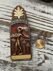 Vintage Brass Enamel Clip 2-sided Greece Egyptian Motif Bull Spring Clip