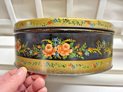 Vintage Toleware Candy Tin ~ Round Lid Covered Box ~ 10 inches in diameter