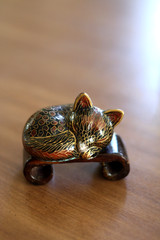 Sleeping FOX -Vintage Cloisonne Figurine w/ Beautiful Scroll Wood Display Stand