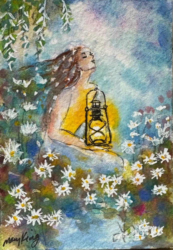 Original Watercolor ACEO Painting by Mary King – Garden Dreaming – woman