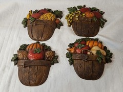 Set Of 4 Vintage Sexton 1978 Metal Wall Plaque Art Vegetables/Fruits n Baskets