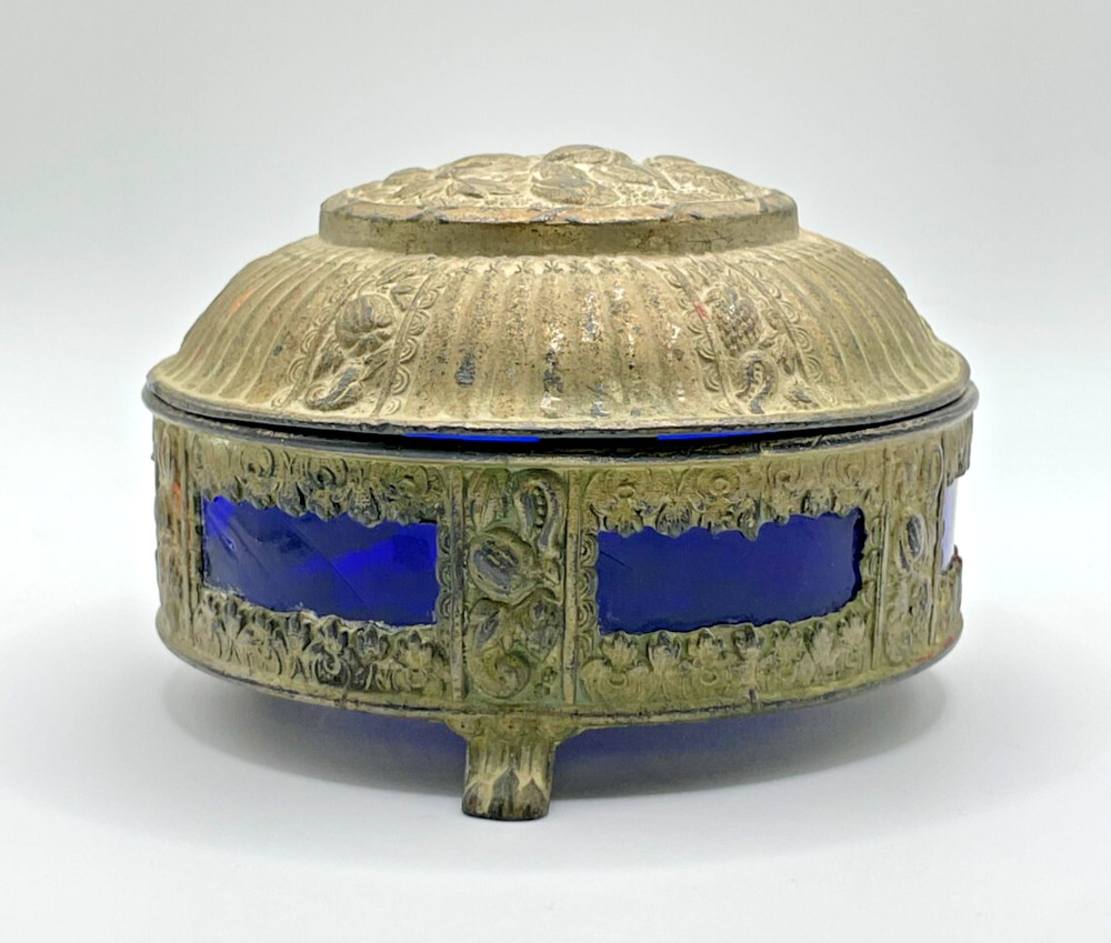 Vintage Art Nouveau Silver Over Pewter Lidded Candy Bowl Cobalt Blue Glass