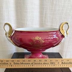 French Limoges Hand Painted Porcelain Pedestal Compote Bowl Red Floral Gilt