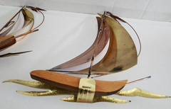 2 Unique Mid-Century Brass, Copper & Wood 8″ & 10.5″ Sailboat Wall Hangings