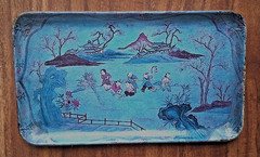 Japanese Lacquer Tray Paper Mache Asian Chinoiserie Scene Figural, Pagoda