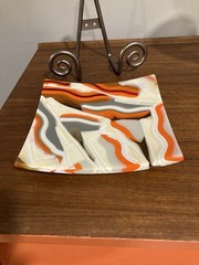 Hand Made Fused Art Glass Trinket Dish Plate Orange Gray Cream Swirl Curved