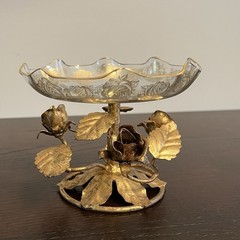 VTG Italy Gold Gilt Tole Metal Leaves/Roses Glass Candy Dish-Compote-Hollywood!