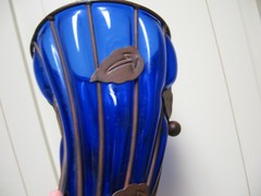 Rare Beautiful Cornucopia Cobalt Blue Glass with Metal Copper/Brass Stand 11″x6″
