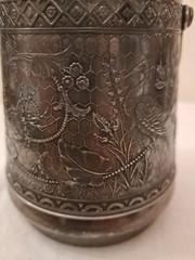 Rare 525 White Metal Container With Handle Detailed Design 4.5” Tall w/o Handle