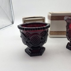 Vtg Avon Cape Cod Collection 1876 Ruby Red Glass Sugar Bowl, Creamer & Gruet Lot