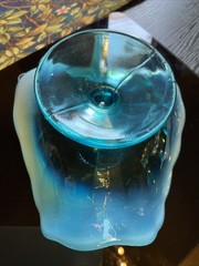 Antique 7” Dugan Glass Blue Opalescent Rayed Jane Footed Nappy Dish
