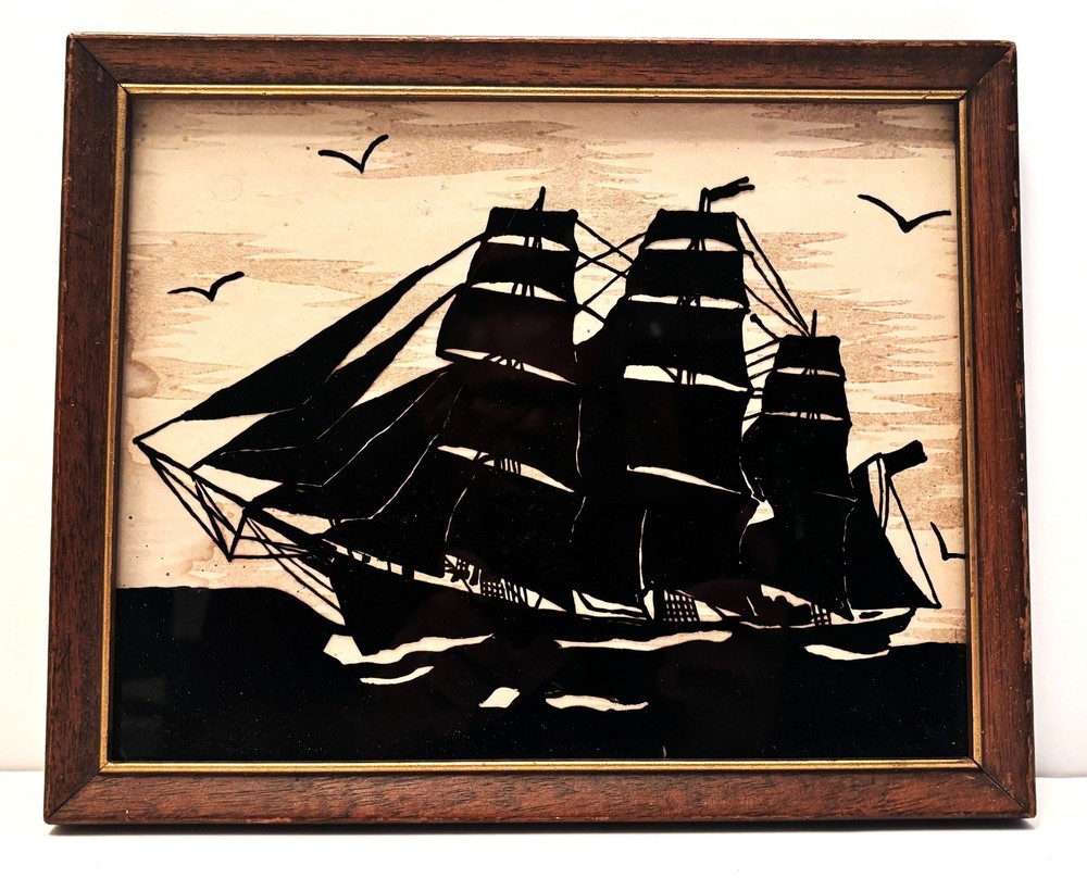 1940’s Painted Silhouette on Glass Three Masted Fully Rigged Sailing Ship