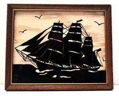1940’s Painted Silhouette on Glass Three Masted Fully Rigged Sailing Ship