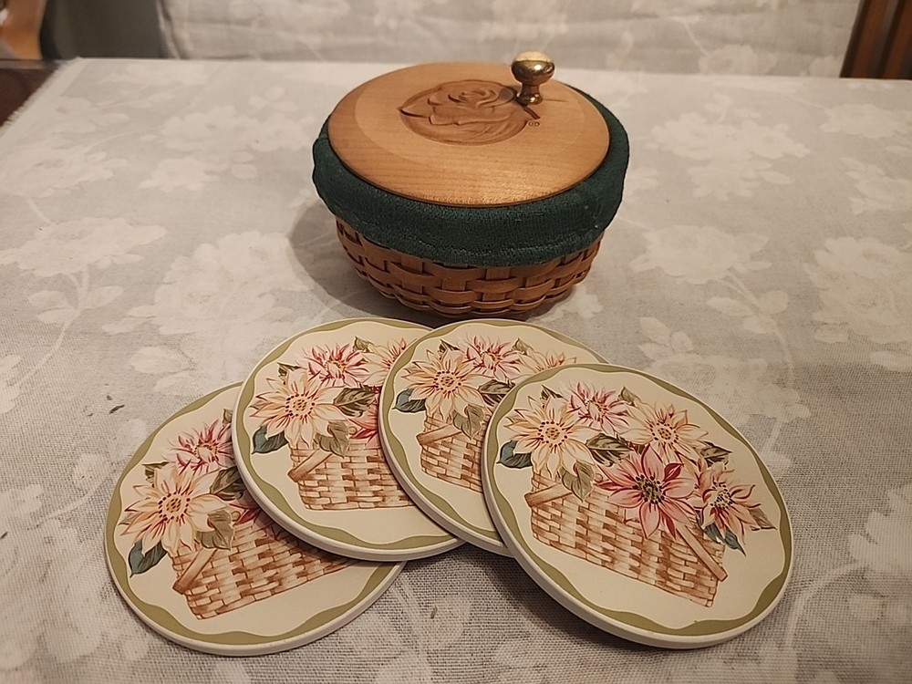 Longaberger Sunflower Pottery Coaster Set featuring handcrafted ceramic coasters