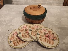 Longaberger Sunflower Pottery Coaster Set featuring handcrafted ceramic coasters