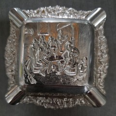 Antique Collectible Metal Cigarette Ashtray Men Sitting Around A Table Rare