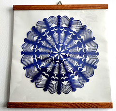 1975 Wycinanka Hand Cut Polish Folk Art – wooden frame, 9″x9″, Blue