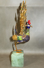 VINTAGE Cloisonne Enamel Peacock Gold Filigree Sculpture Carved Green Stone Base