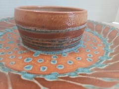 10.5″ TAE POTTERY vtg studio art Blue Moon party plate chip dip bowl Signed