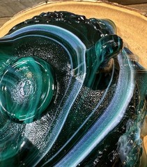Vtg Imperial Glass GREEN SWIRL ROSE FLORAL Footed Bowl Compote Ruffled Rim