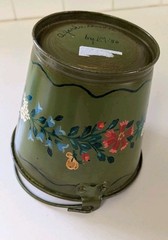 Vintage 1980 Green Toleware Metal Bucket With Hand Painted Flowers Signed