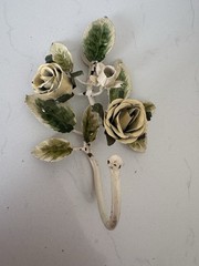 Vintage Toleware Metal Wall Hook W/Cream Roses & Green Leaves Cottagecore 7.5”