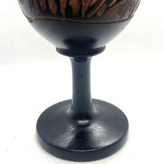 VTG Black Hand Carved Floral Stemmed Wood Goblet 7in