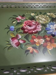 Large Vintage Hand Painted Toleware Tray Black Reticulated Floral Signed 50s 60s