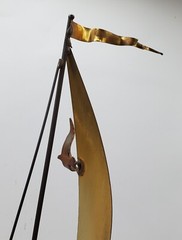 MCM Brass Sailboat 13″H Signed De Mott Sculpture Onyx Base Clipper Ship Sailing