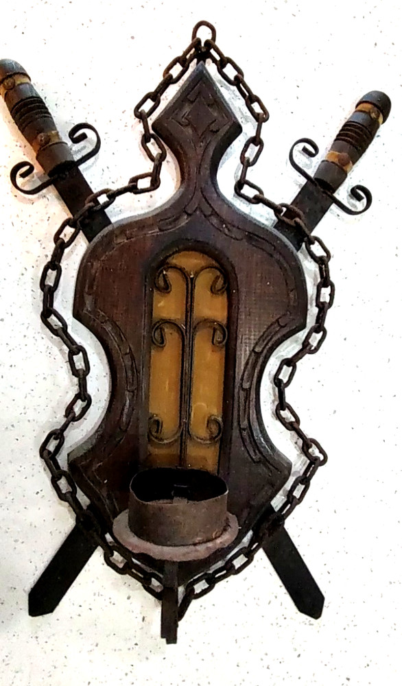 Vintage Medieval Gothic Metal Scroll with Swords Chains Candle Sconce 24″ x 17″