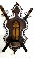 Vintage Medieval Gothic Metal Scroll with Swords Chains Candle Sconce 24″ x 17″