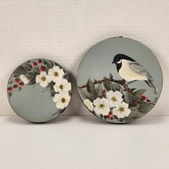 2 VTG Hand Painted Round Wood Lid Dogwood Berries Chickadee Bird Farmhouse Decor