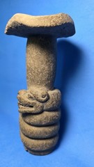 PRE-COLUMBIAN MIXTEC BASALT QUETZALCOATL SERPENT GOD ENTWINED WITH MUSHROOM FIGU