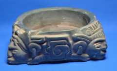 PRE COLUMBIAN AZTEC JADE OFFERING CONTAINER WITH TWO WARRIORS,EAGLE &JAGUAR