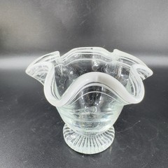 Vintage Glass Dish Bowl Clear White Ruffles Scroll Footed Base Candy Dish VTG