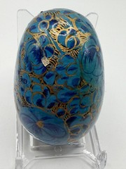BLUE GOLD FLORAL HAND PAINTED DECORATIVE EGG NOVELTY HOME DECOR ART