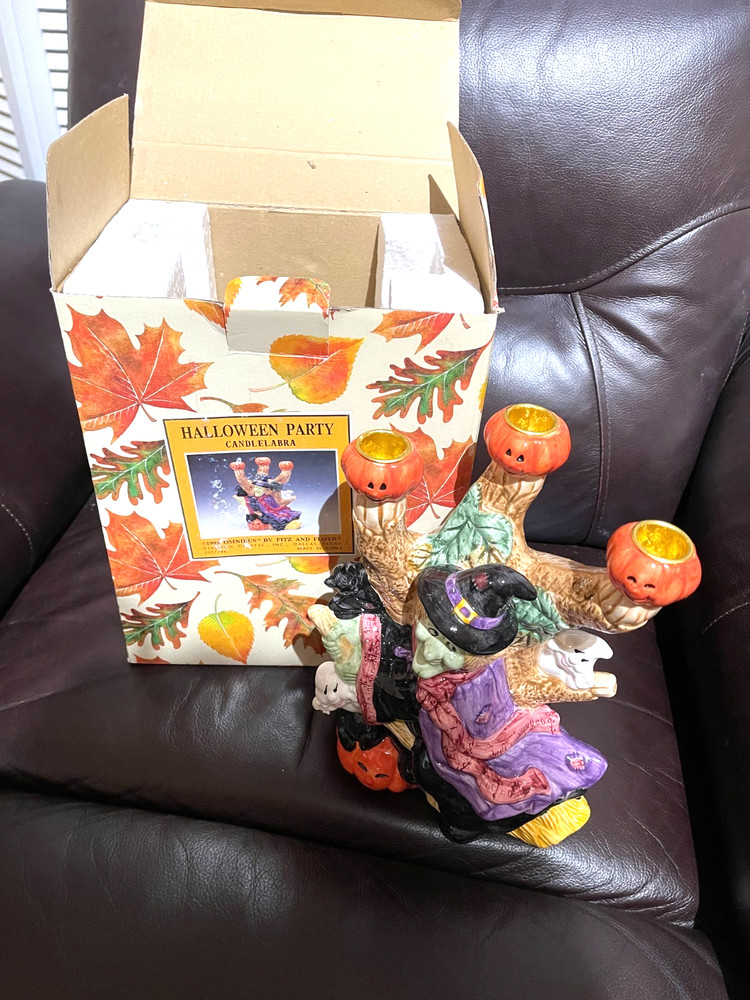 FITZ & FLOYD OMNIBUS HALLOWEEN PARTY CANDLELABRA WITCH WITH THREE CANDLEHOLDERS