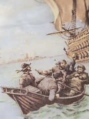 Antique 1910 Reverse-Paint Glass Galleon Ship Scene Edwardian Wall Decor Plaque