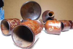Unbranded~Wooden Folk Art Decanter with 6 Stem Cups and Serving Tray Vintage