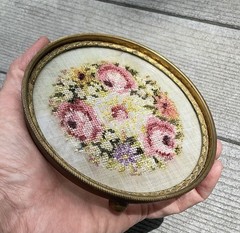 Antique Floral Needlepoint Brass Glass Footed Dish/trinket 5” Round