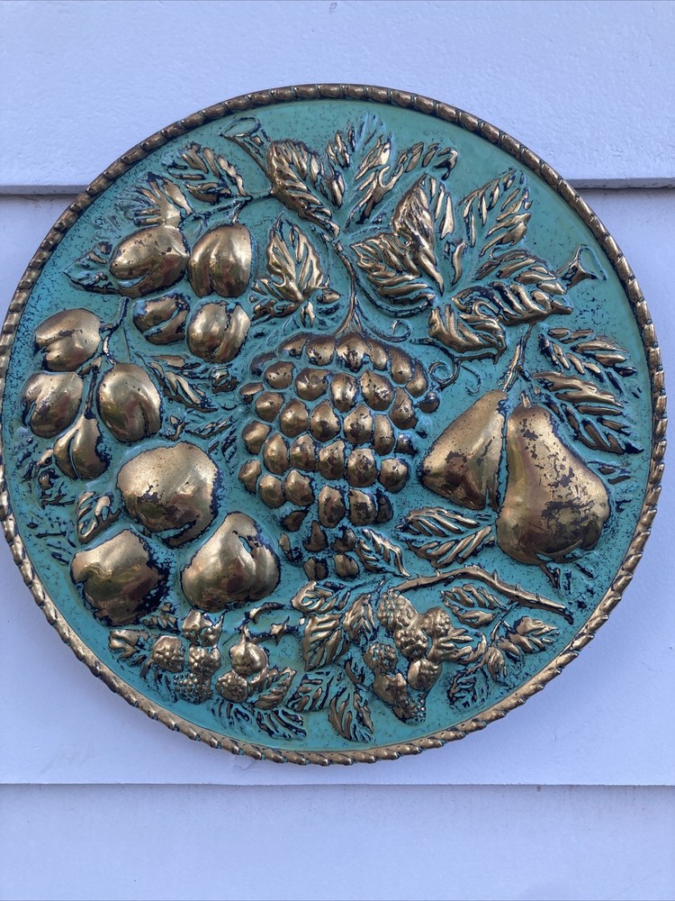 Vintage England Elpec Brass Fruit Wall Plaque Turquoise Blue Gold Embossed Decor
