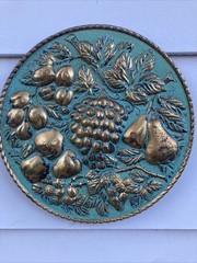 Vintage England Elpec Brass Fruit Wall Plaque Turquoise Blue Gold Embossed Decor
