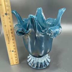1980s Art Glass Abstract Vase Bowl Centerpiece Teal Blue Iridescent Finish Glass
