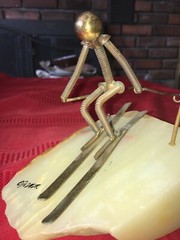 VTG John DeMott Signed Metal BRASS Downhill Skier Sculpture Quartz Base 8¾” Tall