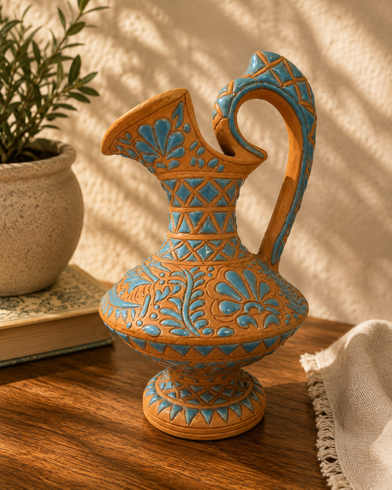 Vintage Lindos Keramik Asgourou Rodos Pitcher Vase Blue Terracotta Greece Rare